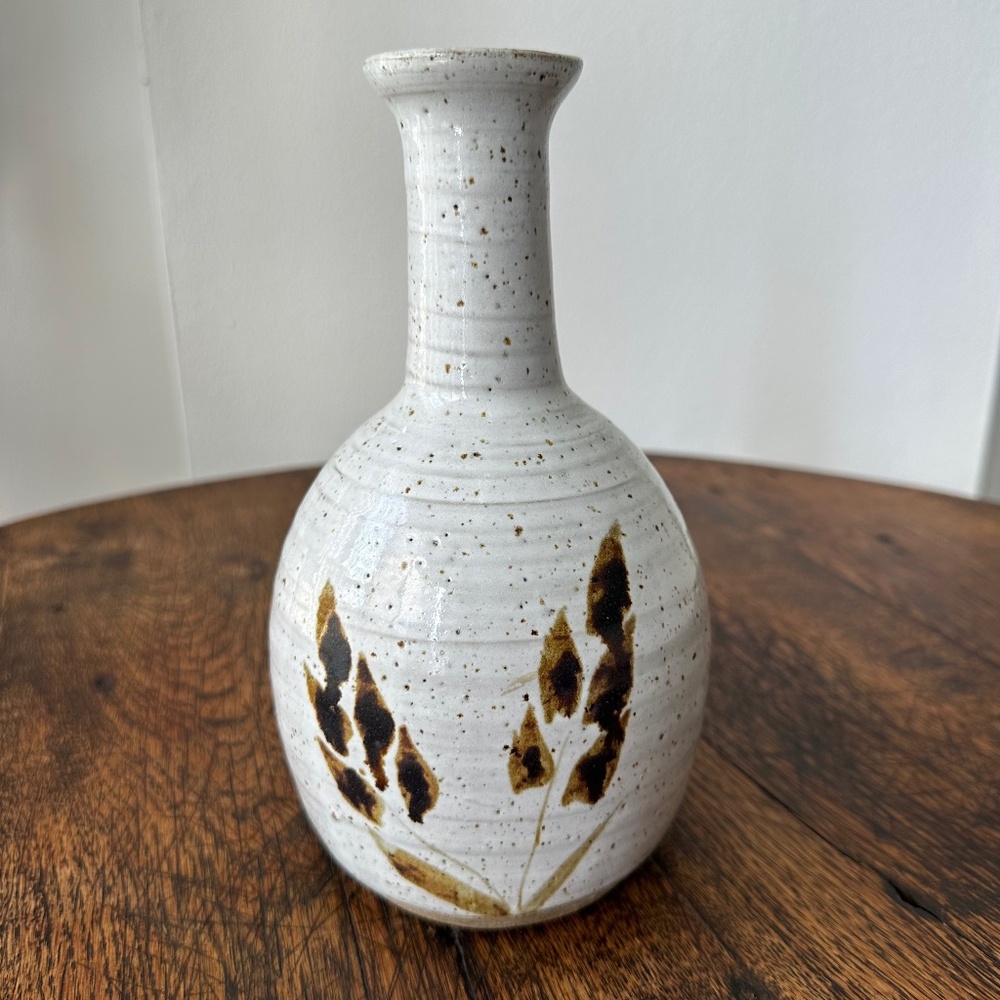 Vintage Studio Pottery Bud Vase – Handcrafted Speckled Stoneware with Leaf Desig